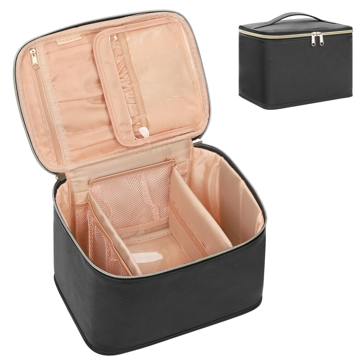 OCHEAL Makeup Bag, Portable Cosmetic Bag, Large Capacity Travel Makeup Case Organizer, Black For Women Toiletry Bag for Girls Traveling With Handle and Divider