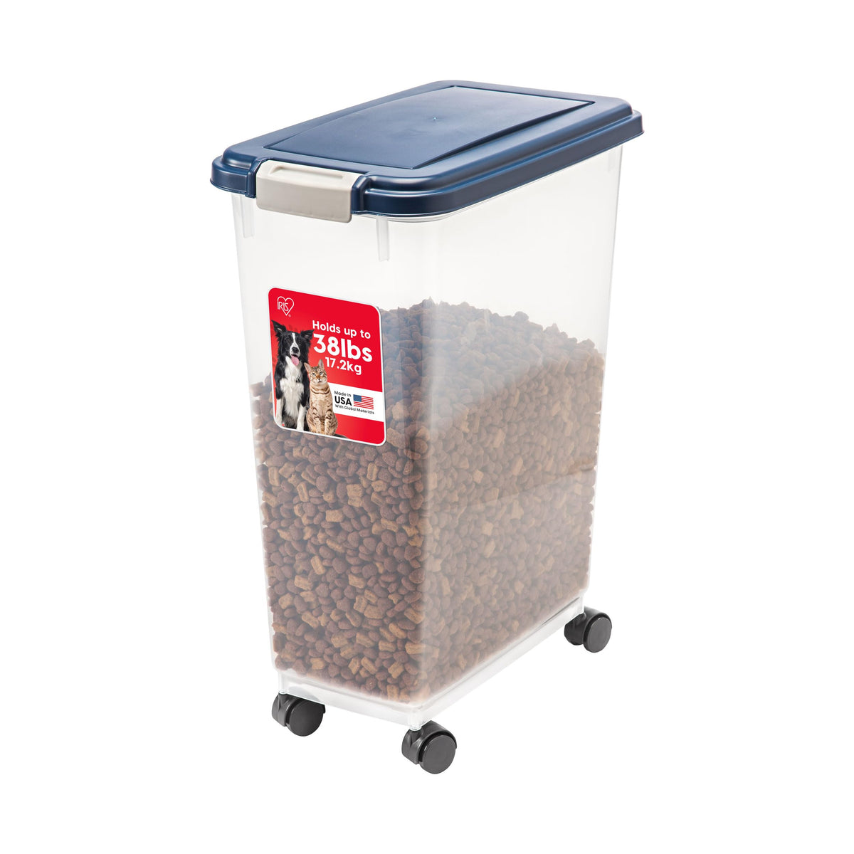 IRIS USA Airtight Pet Food Storage Container with Wheels, Black, 30 lb Capacity - BPA-Free Clear Plastic Bin with Snap-Lid Seal to Keep Kibble, Pellets or Seeds Fresh for Dogs, Cats and Birds