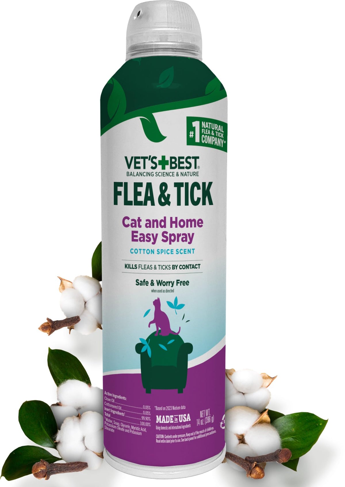 Vet’s Best Flea & Tick Home Spray for Cats – Plant-Based Flea and Tick Treatment with Cotton Spice Scent – Gentle Flea Mist for Indoor Use – Made in USA Natural Cat Flea Control – 32 oz