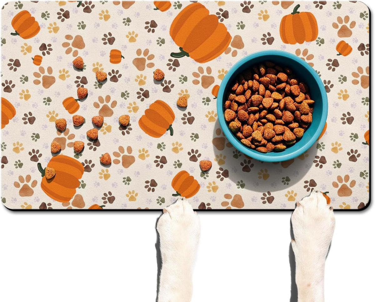 Fall Pumpkin Dog Food & Water Mat, Paw Prints Autumn Pet Feeding Mat for Floor Non-Slip Waterproof, Super Absorbent Cat Bowl Mat, Easy to Clean Eco-Friendly Durable Pet Placemat,12" × 20"