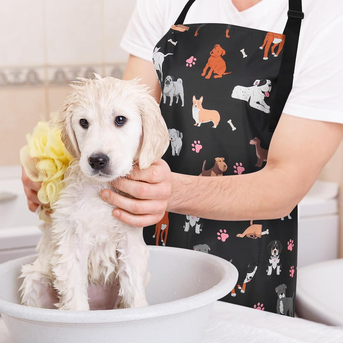 Dog Grooming Waterproof Apron with 2 Pockets, Cute Animals Puppy Dog Pets Apron