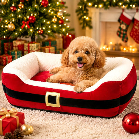 Jetec 26" Christmas Dog Bed, Santa Belt Small Pet Bed for Dogs Cats