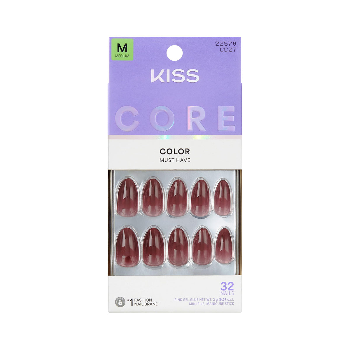 Kiss Core, Press On Nails, Nail glue included, 'Euphonious', Pink, Short Size, Almond Shape, Includes 32 Nails, 2g Glue, 1 Manicure Stick, 1 Mini File
