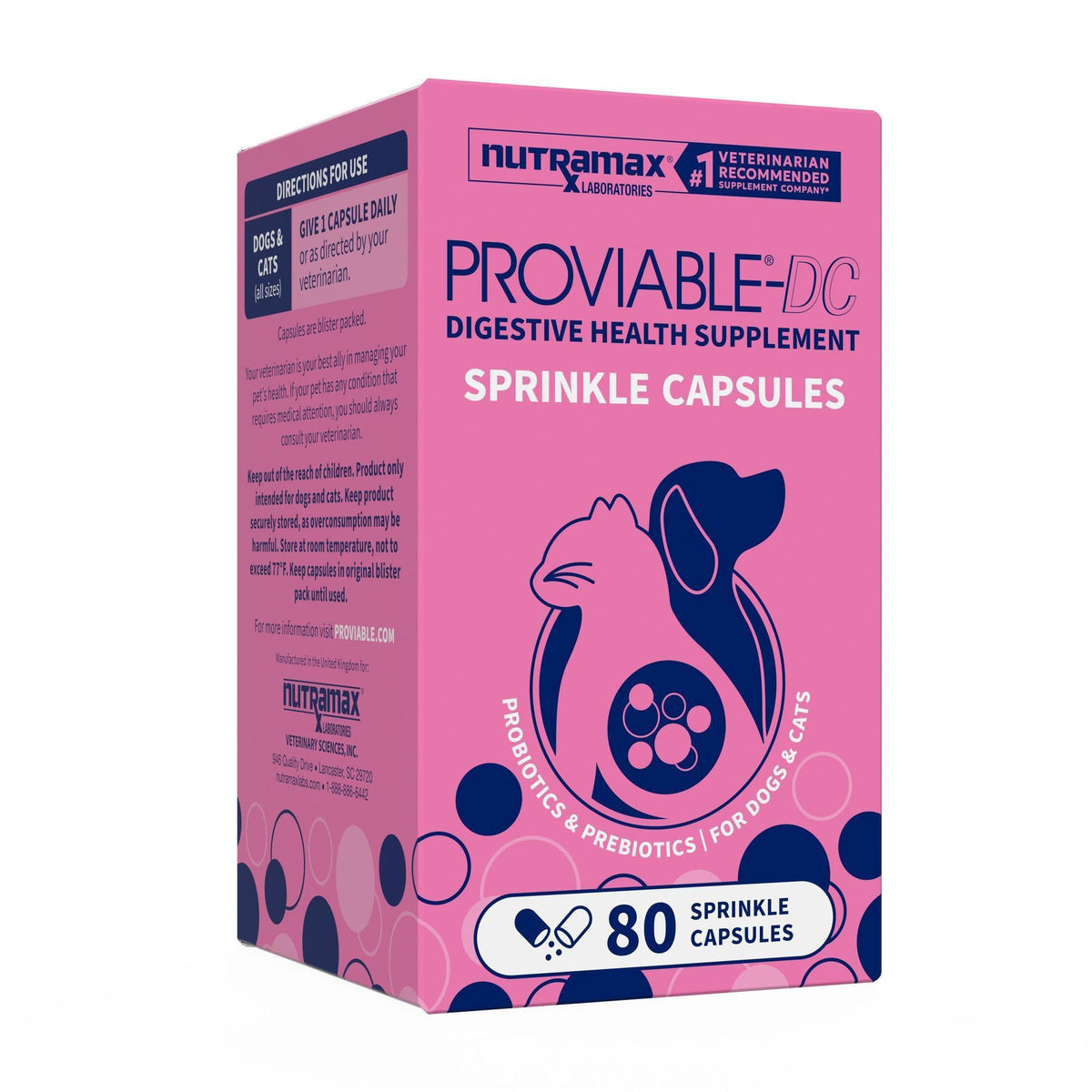 Nutramax Proviable Probiotics for Dogs and Cats, Daily Digestive Health Supplement with Multiple Strains of Bacteria, Cat and Dog Probiotics Plus Prebiotics, 30 Capsules