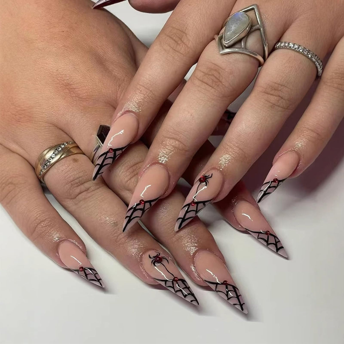 48Pcs Halloween Press on Nails Ghost Stick on Fingernails Monster Short Square False Nails Glossy Black Spider Web Acrylic Fake Nail Skull Gel Glue on Nail for Coquette Women Girls