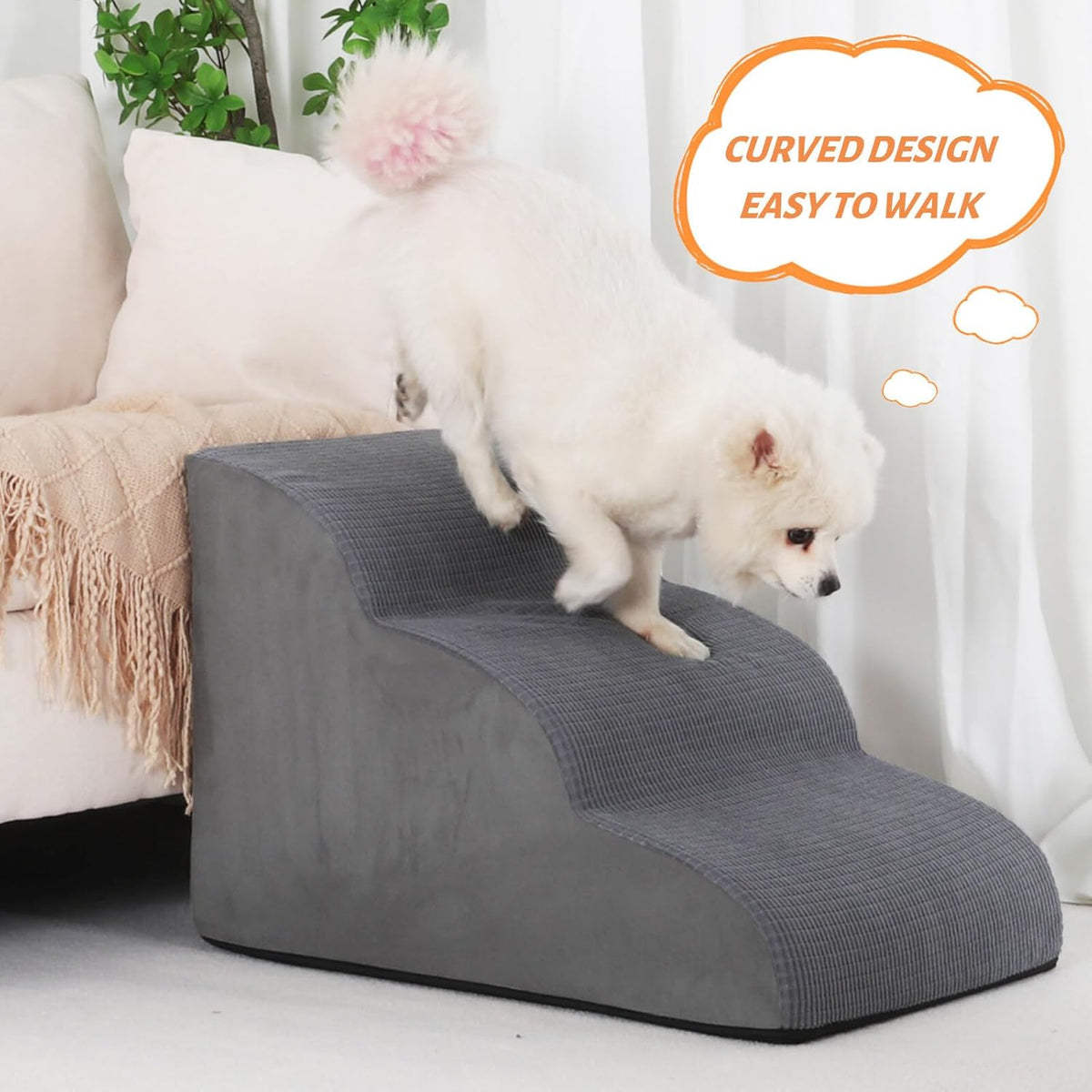 Aodisman Dog Stairs for Small Dogs and Cats,3-Step Pet Ramp for Bed & Couch | 15.7" H Non-Slip Sturdy Dog Steps with Curved Ramp for Senior,Short-Legged Dogs,Puppy and Cats to Reach Sofa or Chair,Grey