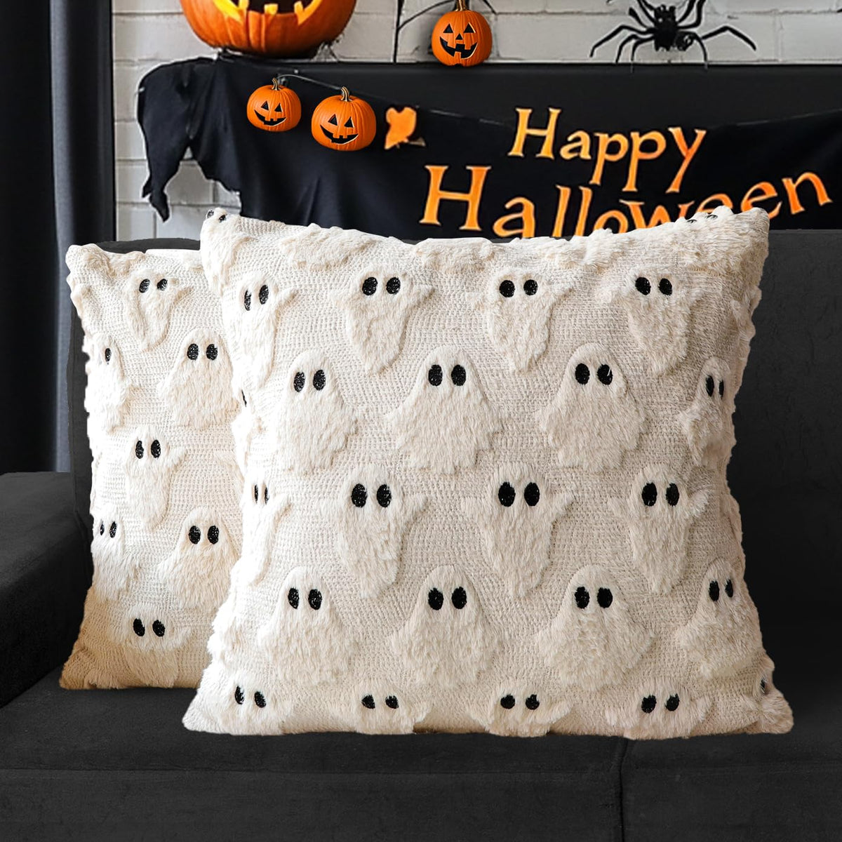 Halloween Ghost Decorative Pillow Covers 18x18 Set of 2, Beige Soft Plush Faux Fur Farmhouse Throw Cushion Cases for Fall Holiday Home Decorations