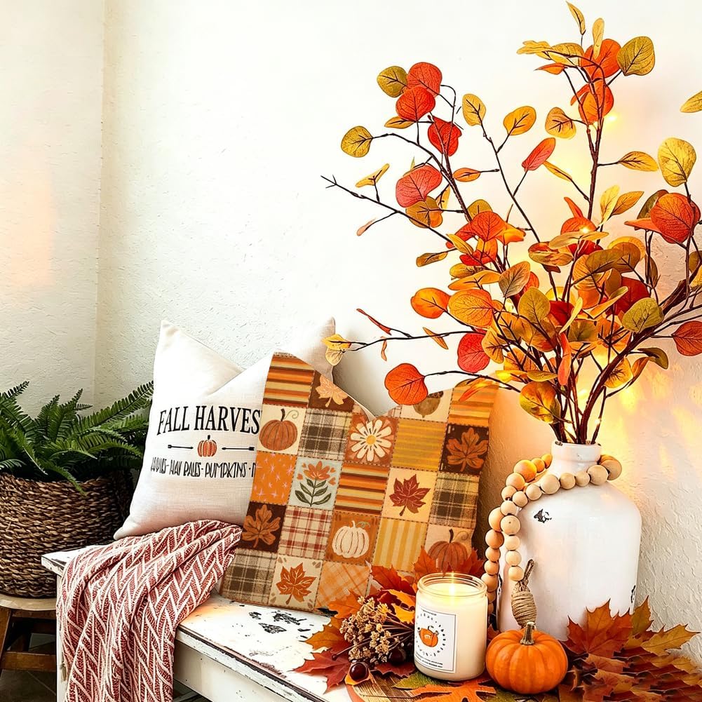 Fall Outdoor Pillow Covers 18x18,Plaid Pumpkin Maple Leaf Decoration