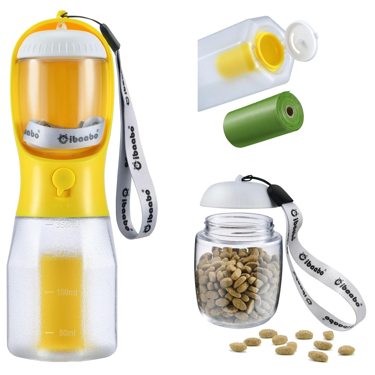 Cibaabo Dog Water Bottle with Food Container & Poop Bag Holder, Travel Water Bowl, Portable Pet Dispenser, Dog Gifts Stuff Accessories Items, Puppy Essentials for Yorkie Chihuahua Walking Hiking