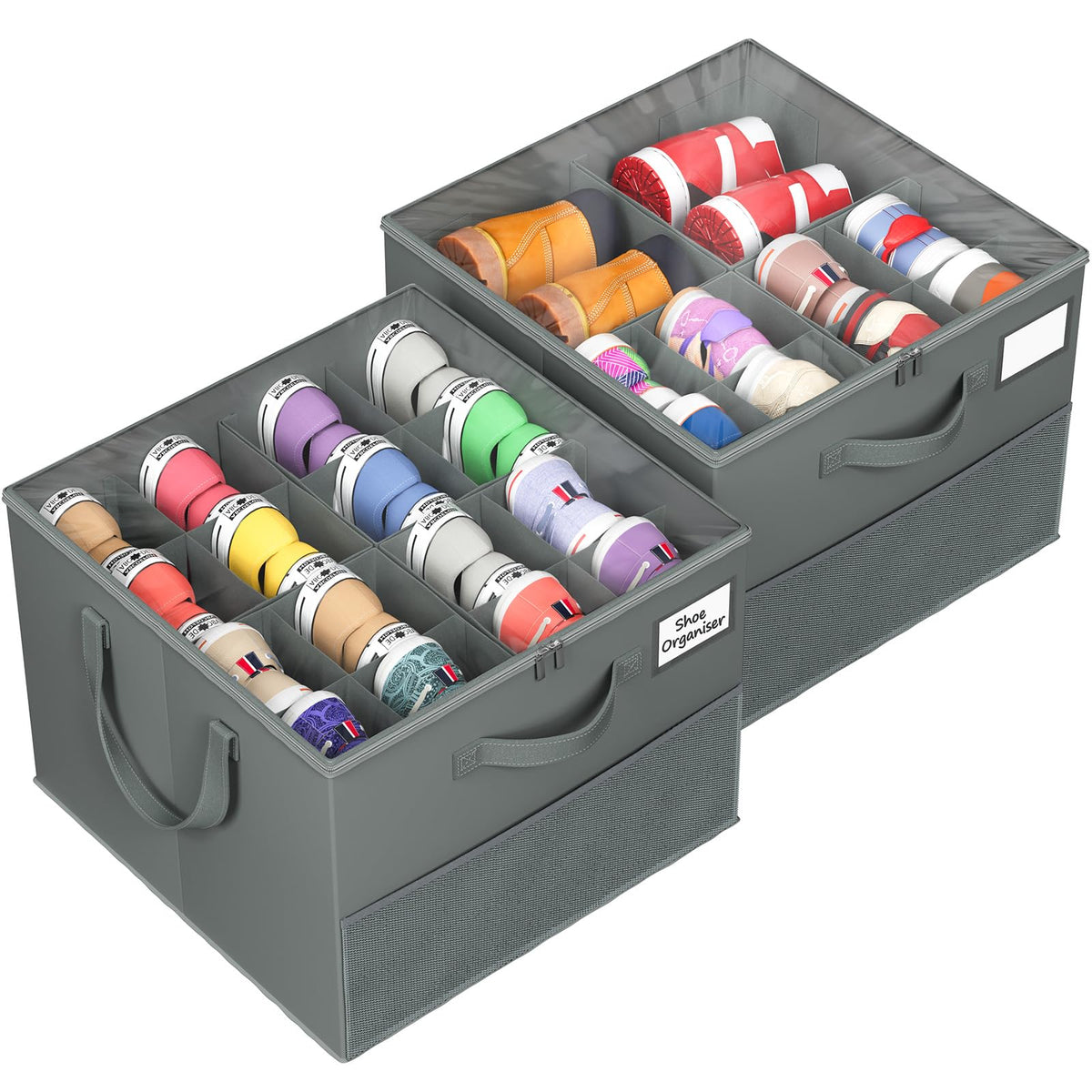 Plus Size 2 Pack Shoe Organizer for Closet, Foldable Shoe Storage Box | 16–24 Pair Shoe Storage for Sneakers, Boots & Heels with Adjustable Dividers, Clear Cover & Space Saving Closet Storage