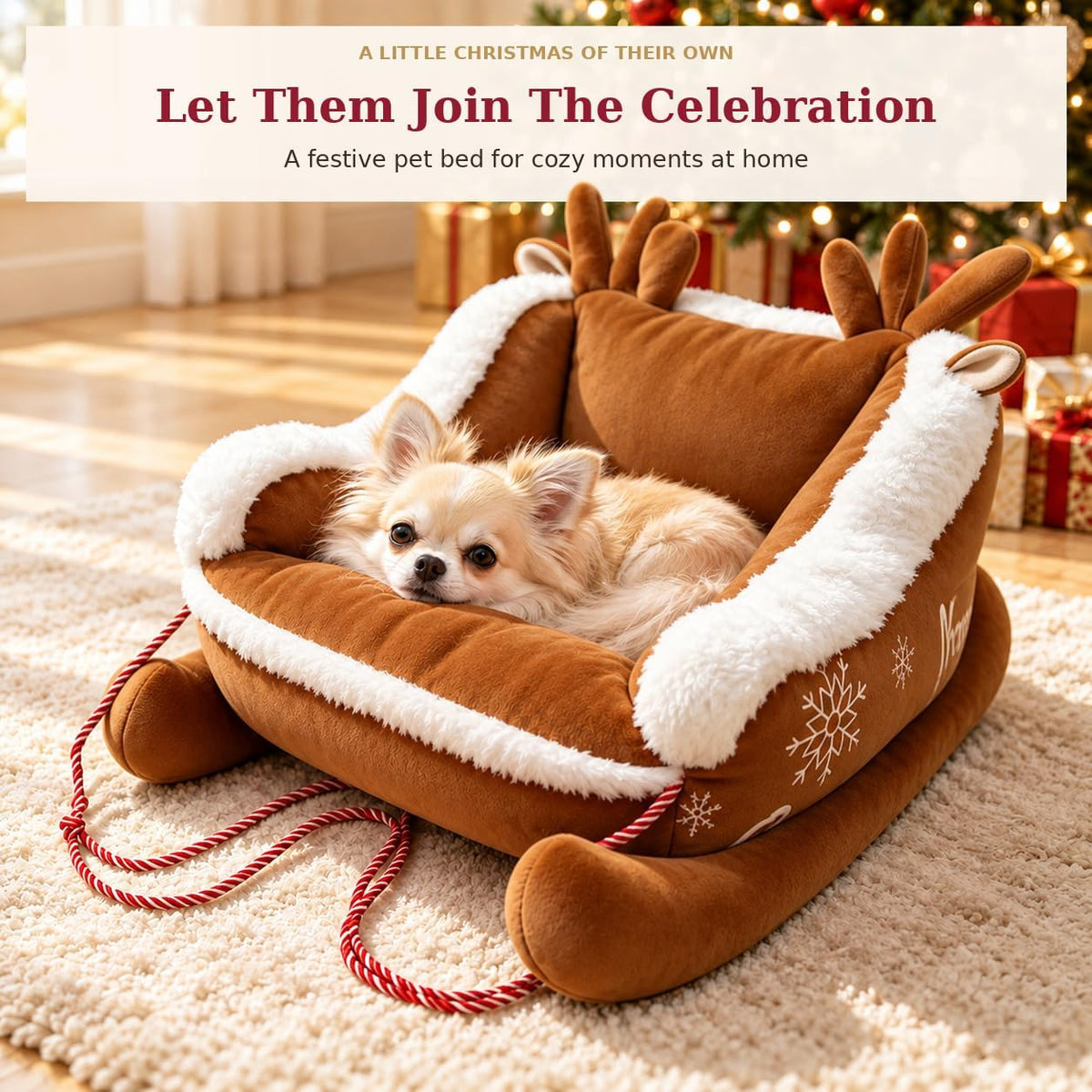 Christmas Dog Bed, Plush Santa Sleigh Sofa for Cats