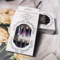 Halloween Long Stiletto Press on Nails Glossy Purple Glitter Acrylic False Nails 24Pcs Sparkly Fake Nail Black Bats Gel Glue on Nail French Tips Stick on Fingernails for Coquette Women Girls