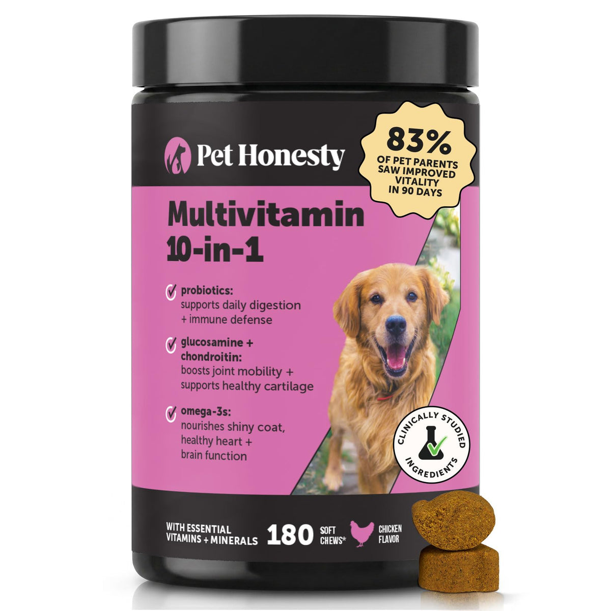 10-in-1 Dog Multivitamin Supplement with Glucosamine & Probiotics - Hip & Joint Support, Digestive Health, Immune Support, Heart & Skin - All-in-One Daily Vitamins & Omega-3s (Peanut Butter, 90 ct)