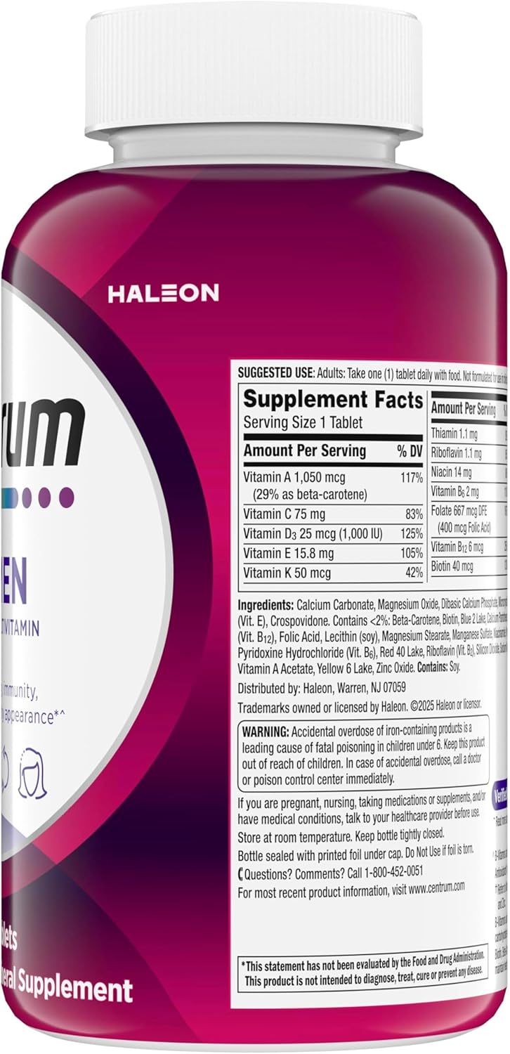 Centrum Multivitamin for Women, Multimineral Supplement with Iron, Vitamin D3, B Vitamins and Antioxidant Vitamins C and E, Gluten Free, Non-GMO Ingredients - 250 Count