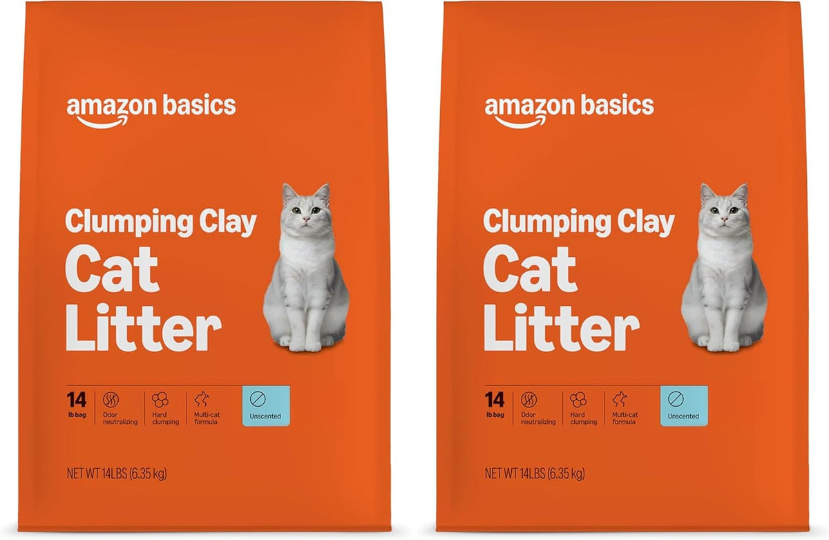 Amazon Basics Clumping Cat Litter, Unscented, Hard Clumping Formula - 14 lb Bag (Pack of 2)
