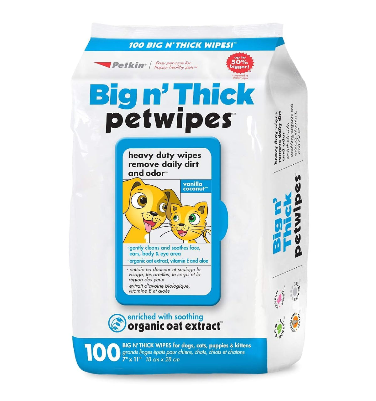 Petkin Large Pet Wipes for Dogs and Cats, 200 Count, Organic Oat Extract, Moistened with Gentle Cleaning Formula, Ideal for Home or Travel