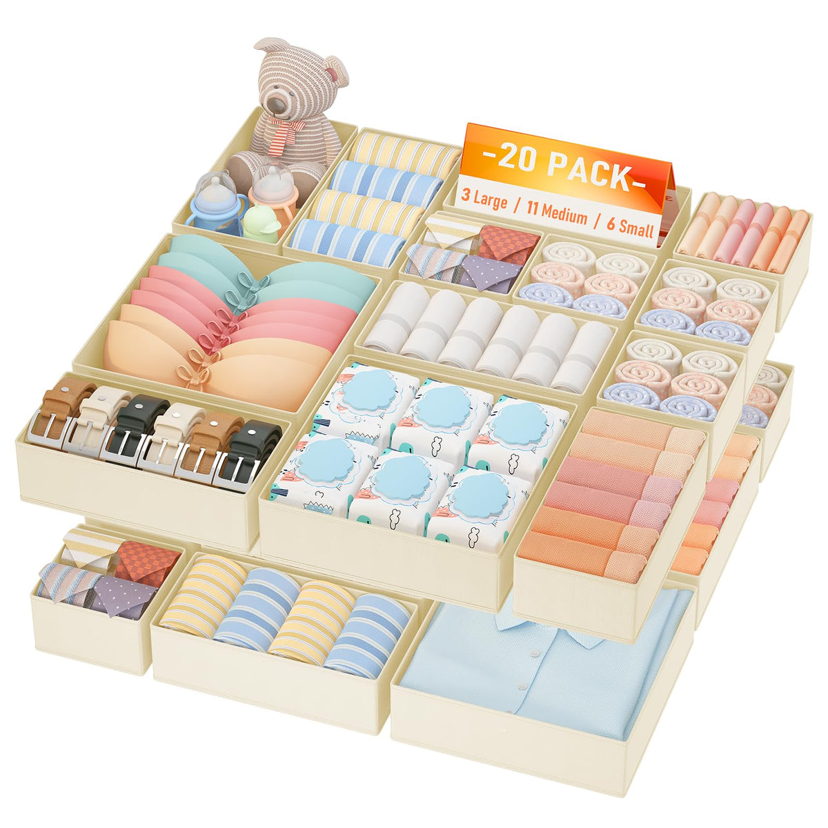 DIMJ Drawer Organizer Clothes, 12 Pack Dresser Organizer, Foldable Closet Organizers and Storage, Fabric Dresser Bins, Drawer Dividers for Nursery, Baby Clothes, Underwears, Sock (Beige)