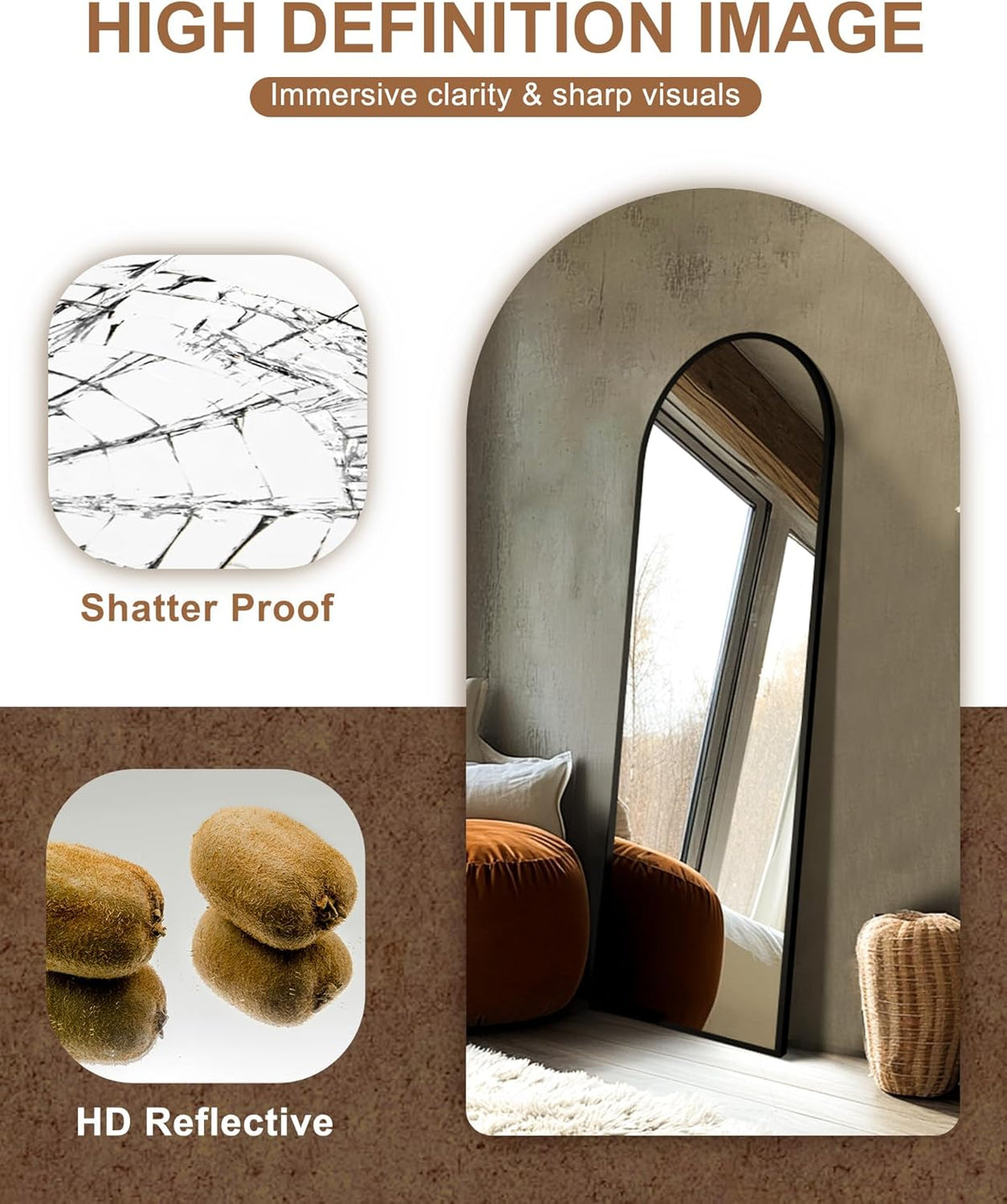 Arched Full Length Mirror with Stand, Black Floor Mirror | Aluminium alloy frame with HD float glass for distortion-free reflection. Free standing or wall mounted.