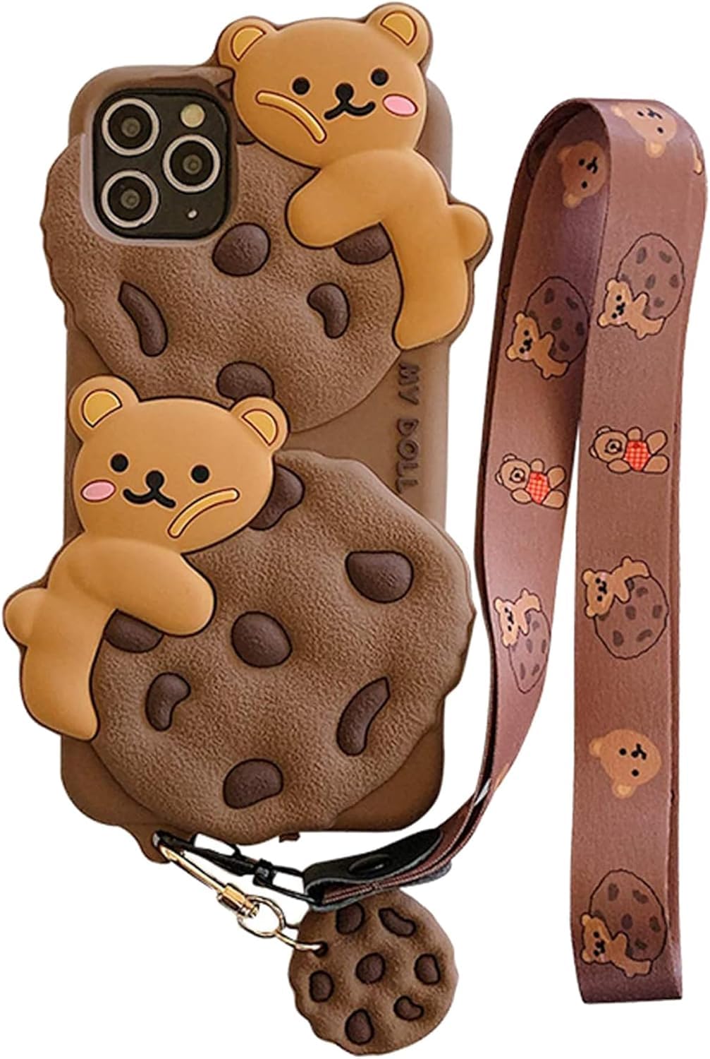 Case for iPhone 11 with Strap Lanyard Keychain Cute Bear Cookie Kawaii Funny Soft Silicone Shockproof Protective Cover for Women Girls
