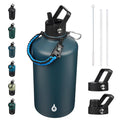 BJPKPK Half Gallon Insulated Water Bottles with Straw Lid & Side Handle, 64oz Large, Stainless Steel Water Bottles with 3 Lids and Paracord Strap, Metal Water Jug,Black