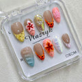 Luxury Handmade Press on Nails - Long Square White French Tips Press on Nail with Almond 3D Rhinestones, Flowers & Butterflies, Acrylic Multi-Layer Gel False Nails for Women (10Pcs Size M)