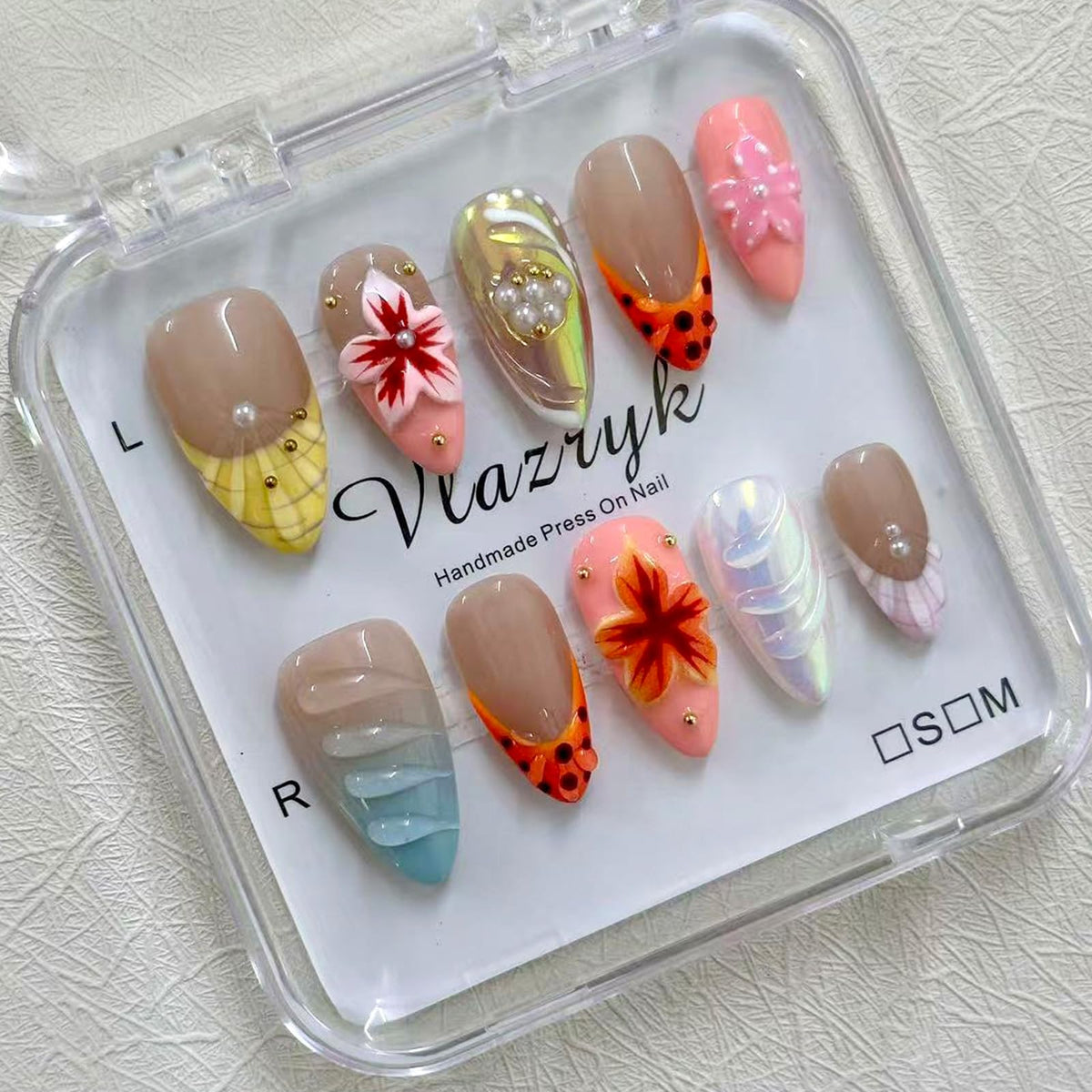 Luxury Handmade Press on Nails - Long Square White French Tips Press on Nail with Almond 3D Rhinestones, Flowers & Butterflies, Acrylic Multi-Layer Gel False Nails for Women (10Pcs Size M)