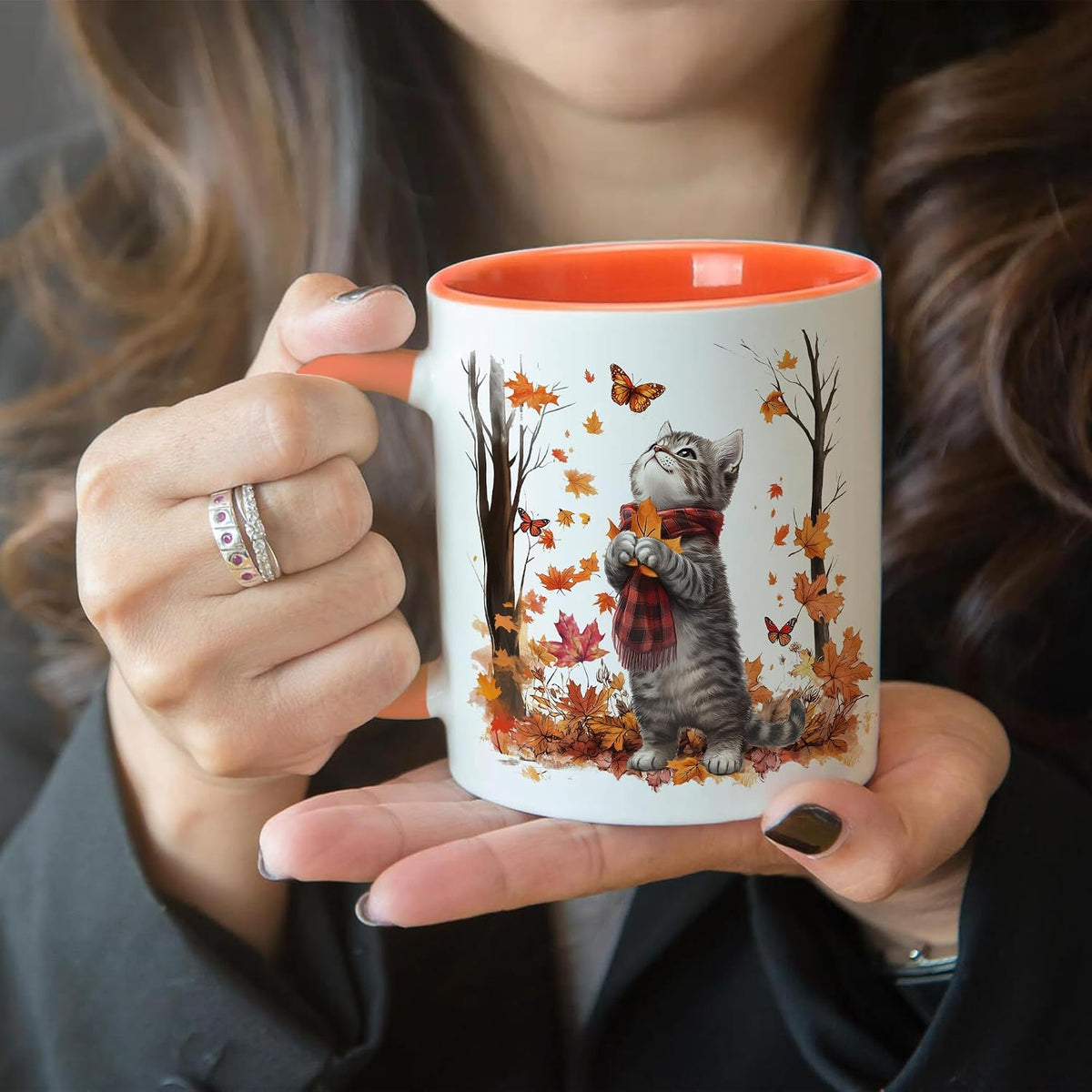 Hyturtle Fall Cat Maple Leaves Coffee Mug with Spoon Gifts on Birthday