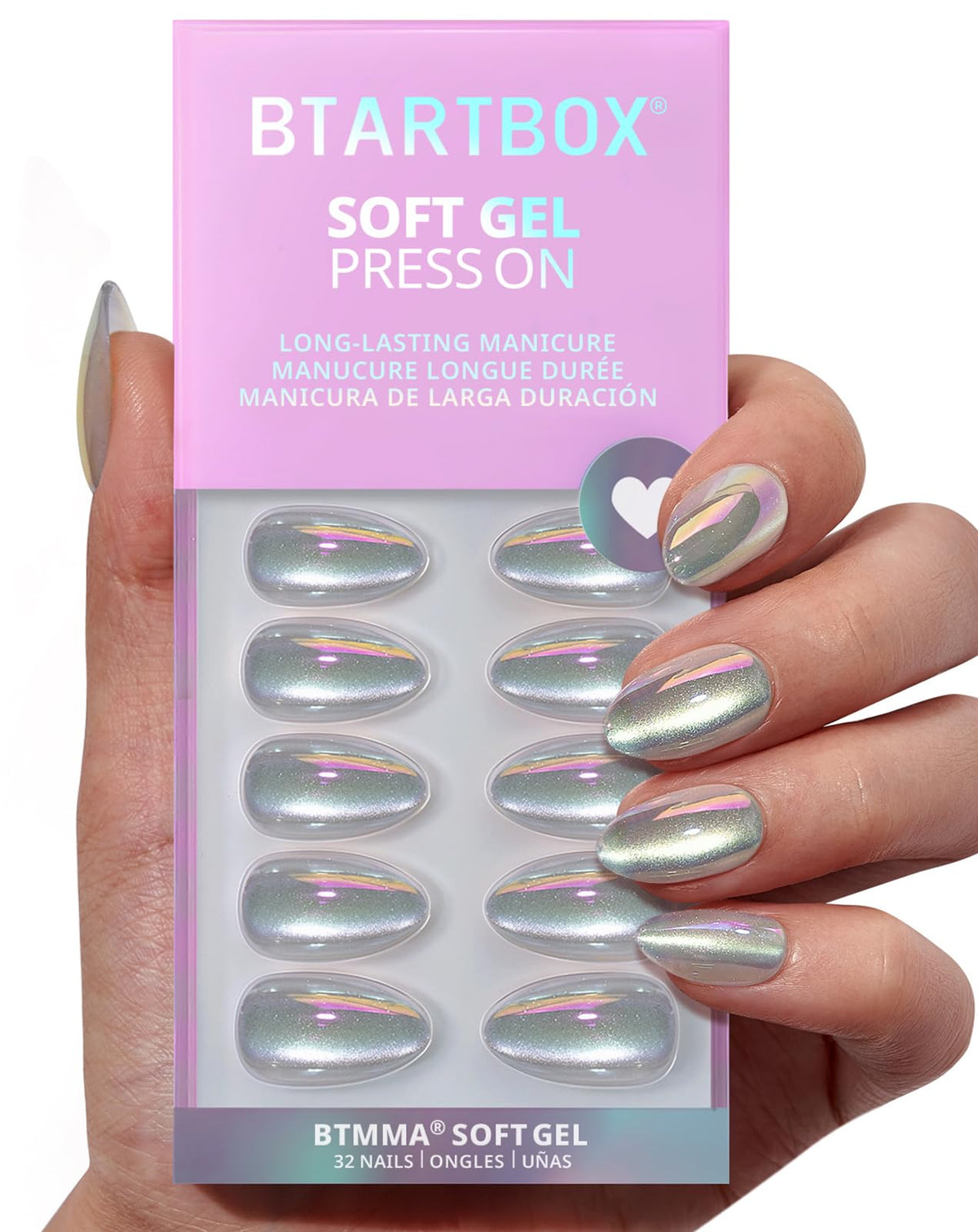 BTArtbox Press On Nails, Liquid Radiance, Medium Almond, Cat Eye, 32Ct | Lamp-Curable 4-Week Wear, Salon-Quality Natural Nails, 10-Minute Easy Daily Application, 16 Sizes, All-in-One Complete Kit