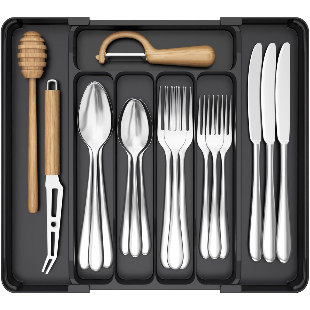 Lifewit Expandable Silverware Organizer, Plastic Utensil Tray for Kitchen Drawer, BPA Free Flatware Cutlery Holder, Space-Saving Storage for Spoons Forks Knives, 8-13.8 x 11.2 x 1.4 inch, Black