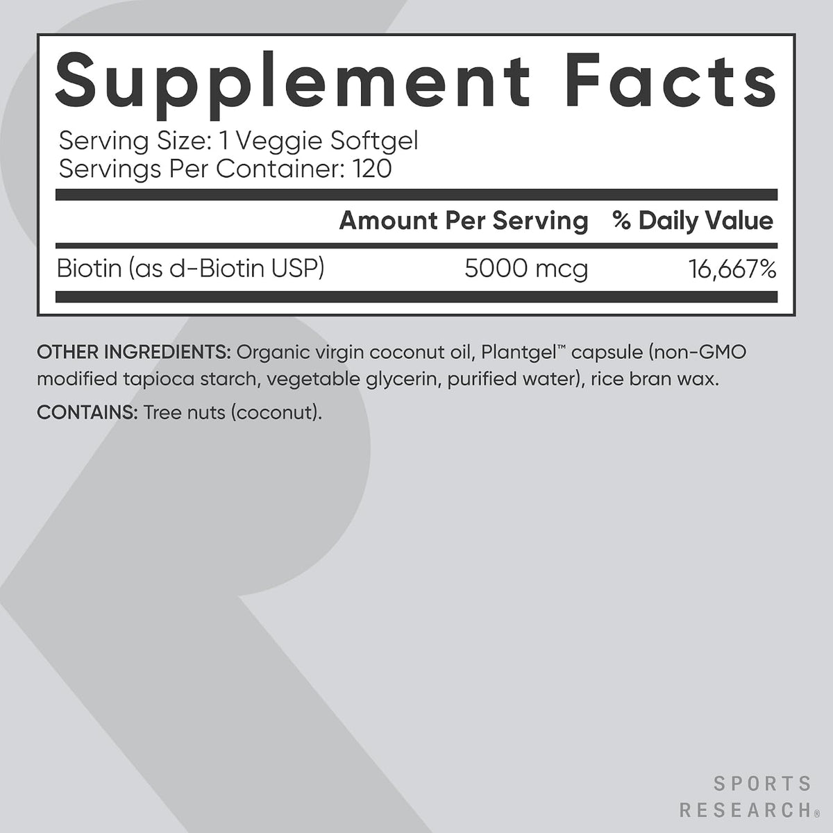 Sports Research® Biotin 5,000mcg with Organic Coconut Oil - Biotin (Vitamin B7) for Healthy Skin and Hair Support* - for Women and Men - Vegan, Non-GMO, Gluten & Soy-Free - 120 Veggie Softgels