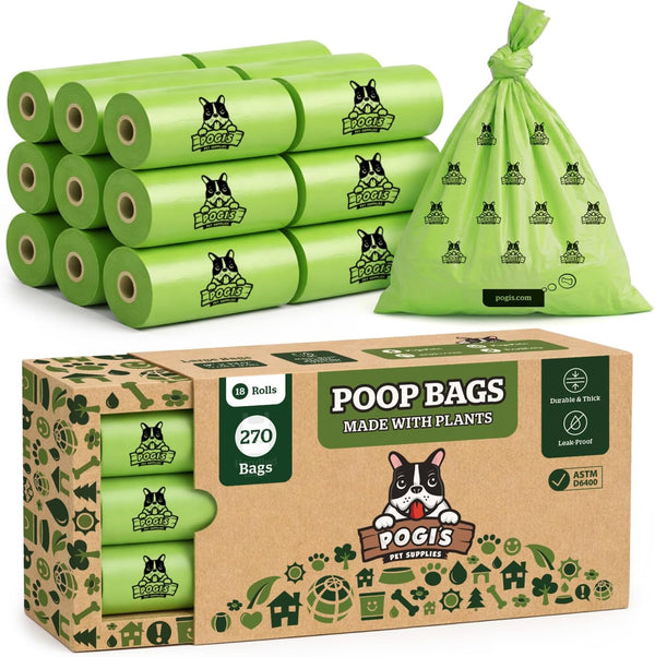 Pogi's Compostable Poop Bags – Leak-Proof, Extra-Large, Made with Plants – 18 Rolls (270 Bags)