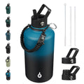 BJPKPK Half Gallon Insulated Water Bottles with Straw Lid & Side Handle, 64oz Large, Stainless Steel Water Bottles with 3 Lids and Paracord Strap, Metal Water Jug,Black