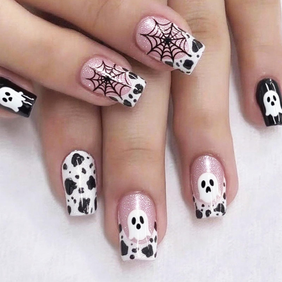 48Pcs Halloween Press on Nails Ghost Stick on Fingernails Monster Short Square False Nails Glossy Black Spider Web Acrylic Fake Nail Skull Gel Glue on Nail for Coquette Women Girls