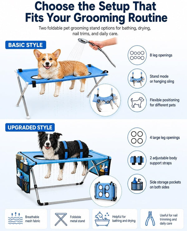 Dog Grooming Hammock Stand, Foldable Dog Bath Holder Sling Shower Chair | Heavy-Duty Pet Bath Stool for Small & Medium Dogs, Home Salon Grooming, Washable Mesh, Joint Support & Restraint(Blue,Base)