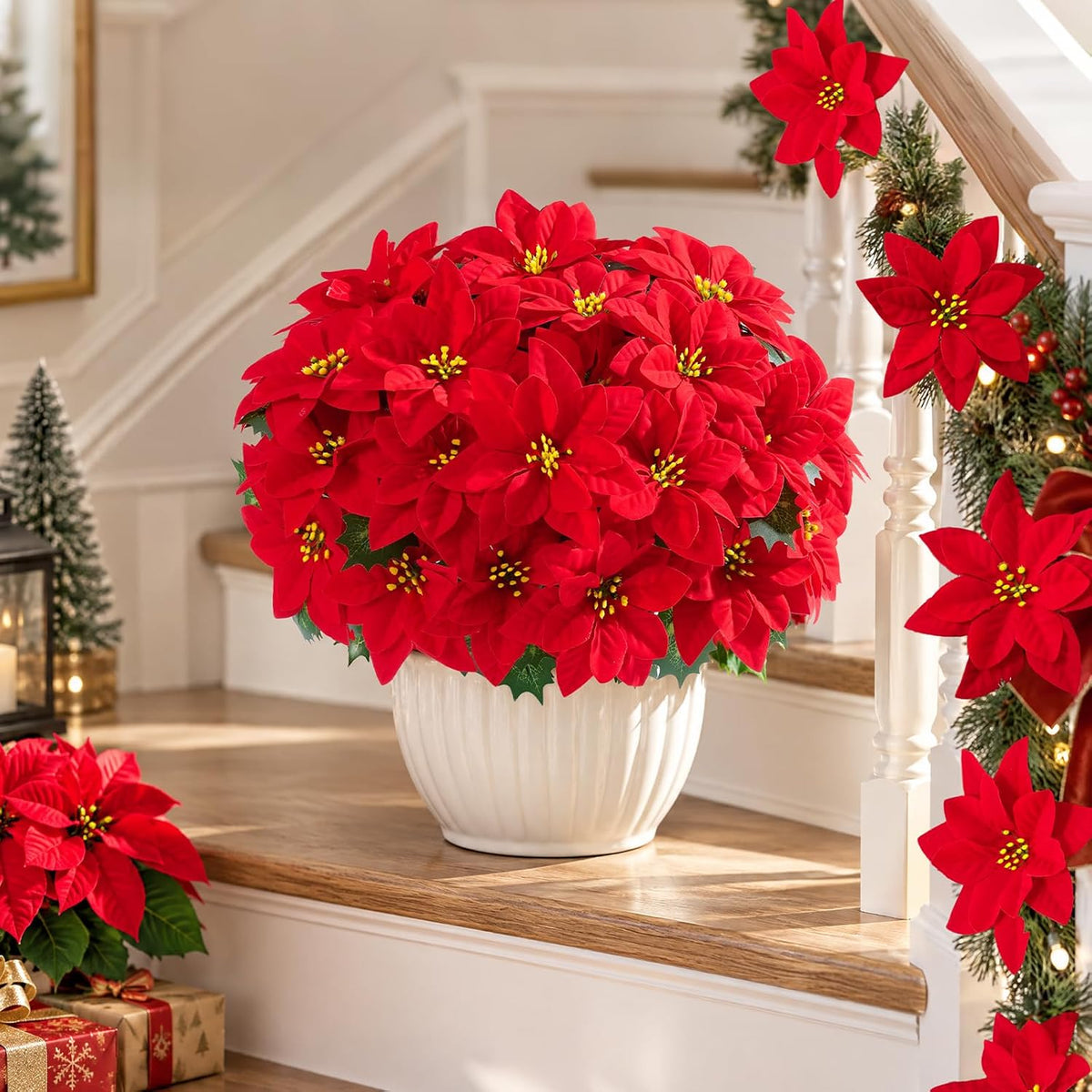 6 Pack Poinsettias Artificial Christmas Flowers Fake Red Poinsettias Flower