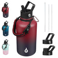 BJPKPK Half Gallon Insulated Water Bottles with Straw Lid & Side Handle, 64oz Large, Stainless Steel Water Bottles with 3 Lids and Paracord Strap, Metal Water Jug,Black