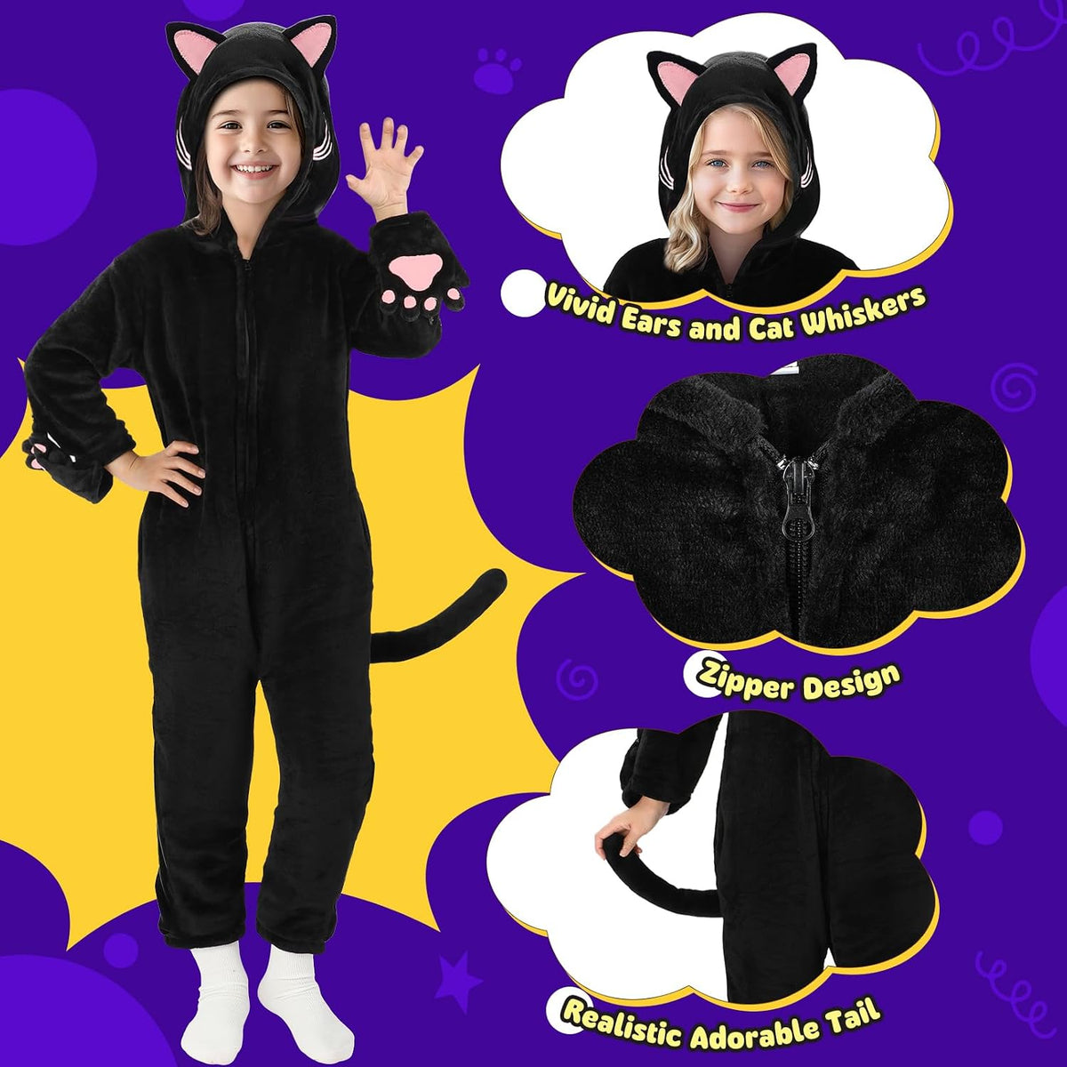 Joycover Halloween Black Cat Costume for Girls, Kids Cheetah Costume Onesie