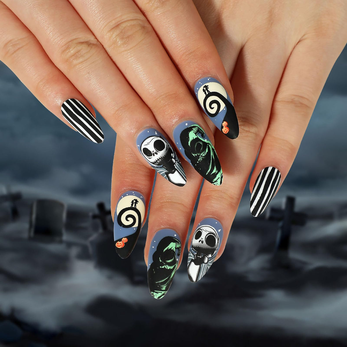 Halloween Press on Nails Medium Almond MABKJLF Fake Nails Glow in The Dark Full Cover Nightmare Christmas False Nails Glossy Glue on Nails Artificial Acrylic Nails for Women Girls 24 Pcs