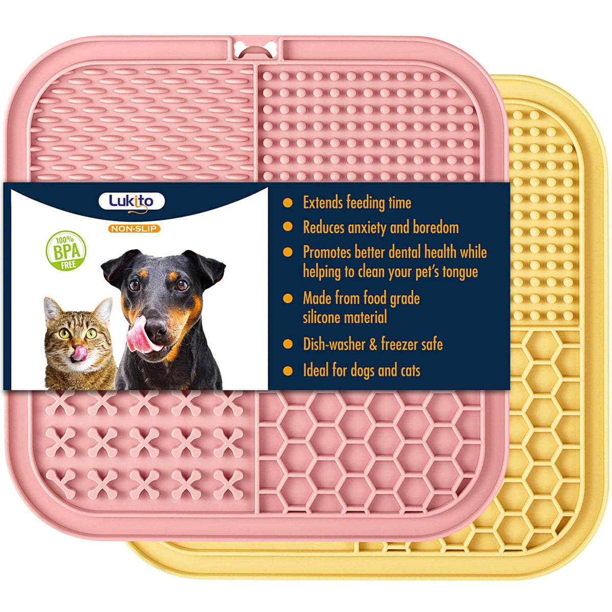 LUKITO Lick Mat for Dogs & Cats 2 Pack, Slow Feeder Licking Pad with Suction Cups for for Anxiety Relief and Boredom Reducer, Perfect for Bathing Grooming