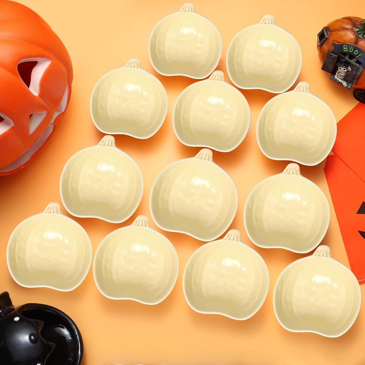 Kolewo4ever 12 Pieces Fall Bowls Ceramic Pumpkin Bowl 6 Ounces Ramekins Small Pumpkin Shaped Bowls Dinnerware Decoration for Fall Thanksgiving Serving Dip, Sauce, Condiments,Snack (Yellow)