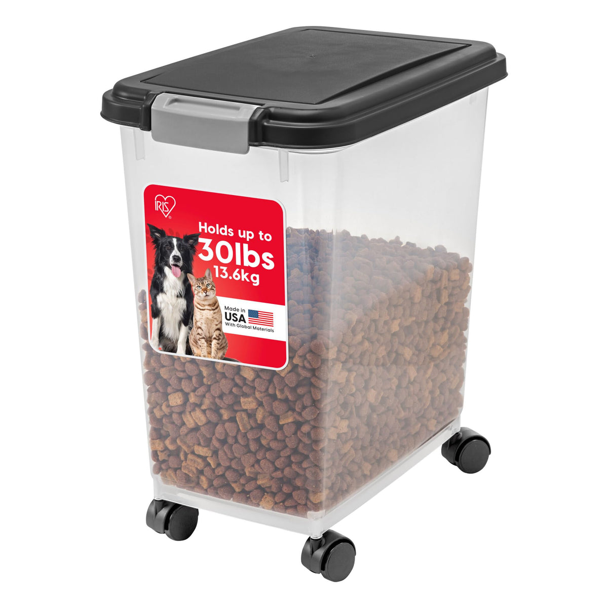 IRIS USA Airtight Dog Food Storage Container, Up to 54 lbs, Attachable Wheels, For Dog Cat Bird and Other Pet Food Storage Bin, Keep Fresh, Translucent Body, Easy Mobility, Black