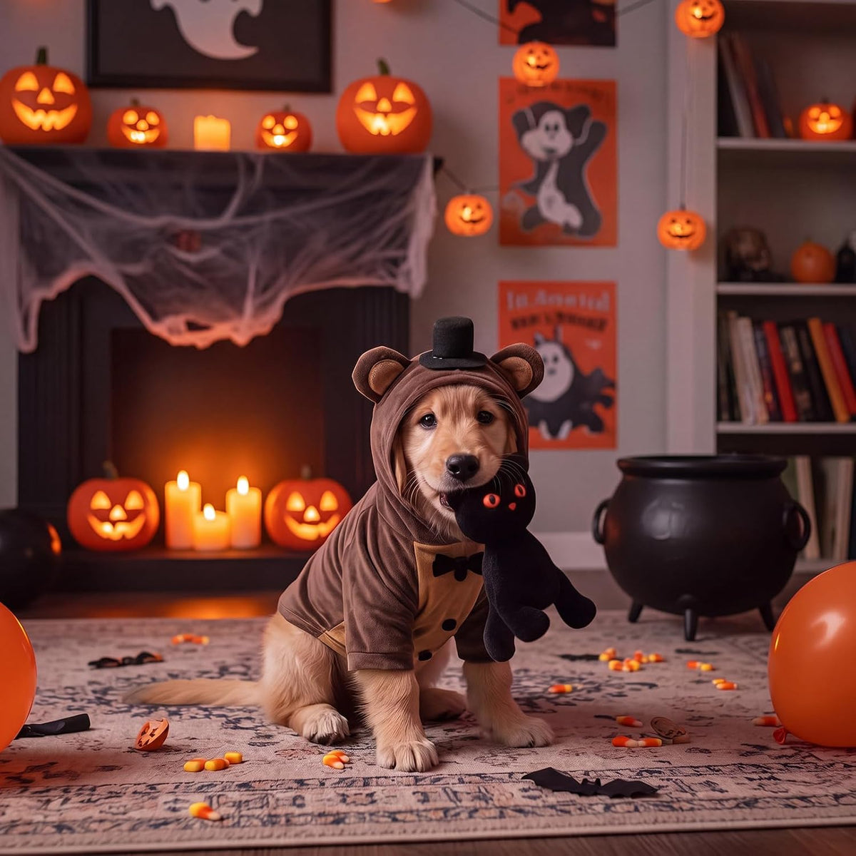 Huhumy Halloween Dogs Bear Costume for Pets with Black Top Hat Bow Tie, L
