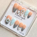 Luxury Handmade Press on Nails - Long Square White French Tips Press on Nail with Almond 3D Rhinestones, Flowers & Butterflies, Acrylic Multi-Layer Gel False Nails for Women (10Pcs Size M)