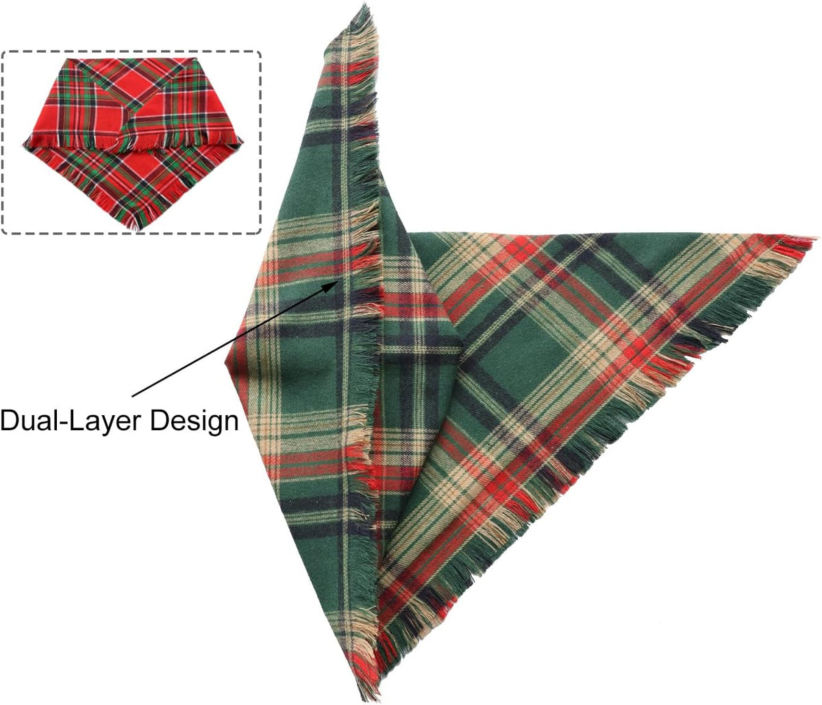 Christmas Dog Bandanas 2PCS-Large,Red-Green Plaid Scarf w/Tassels for Dogs