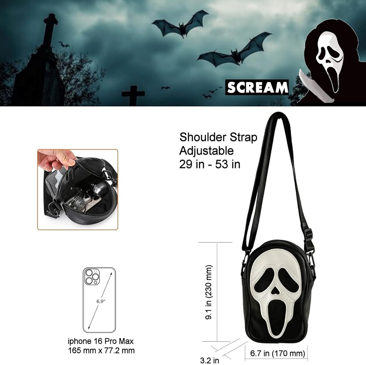 Tapp Collections Scream Ghost Face PU Crossbody Goth Sling Bag for Men And Women