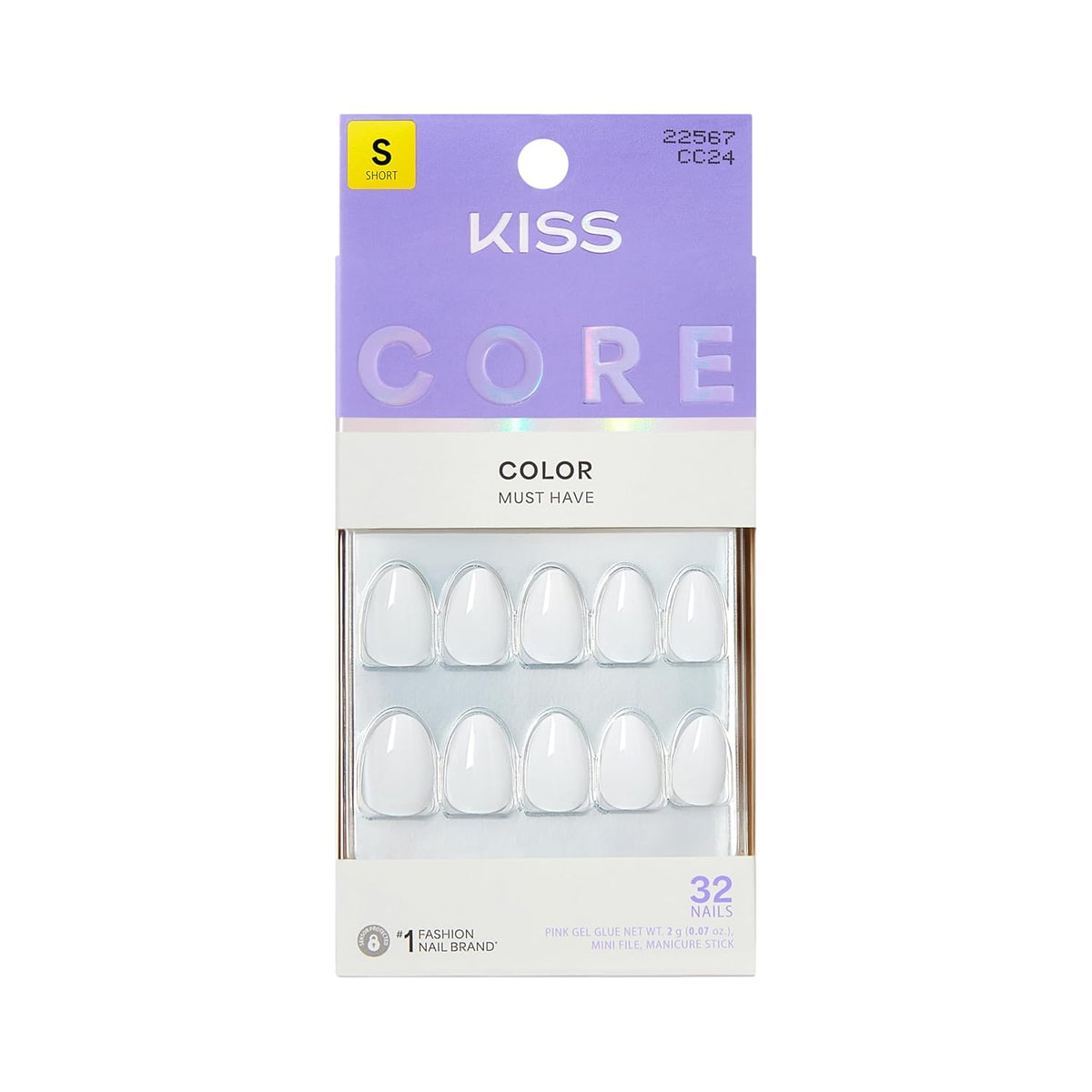 Kiss Core, Press On Nails, Nail glue included, 'Lyrical', White, Short Size, Almond Shape, Includes 32 Nails, 2g Glue, 1 Manicure Stick, 1 Mini File
