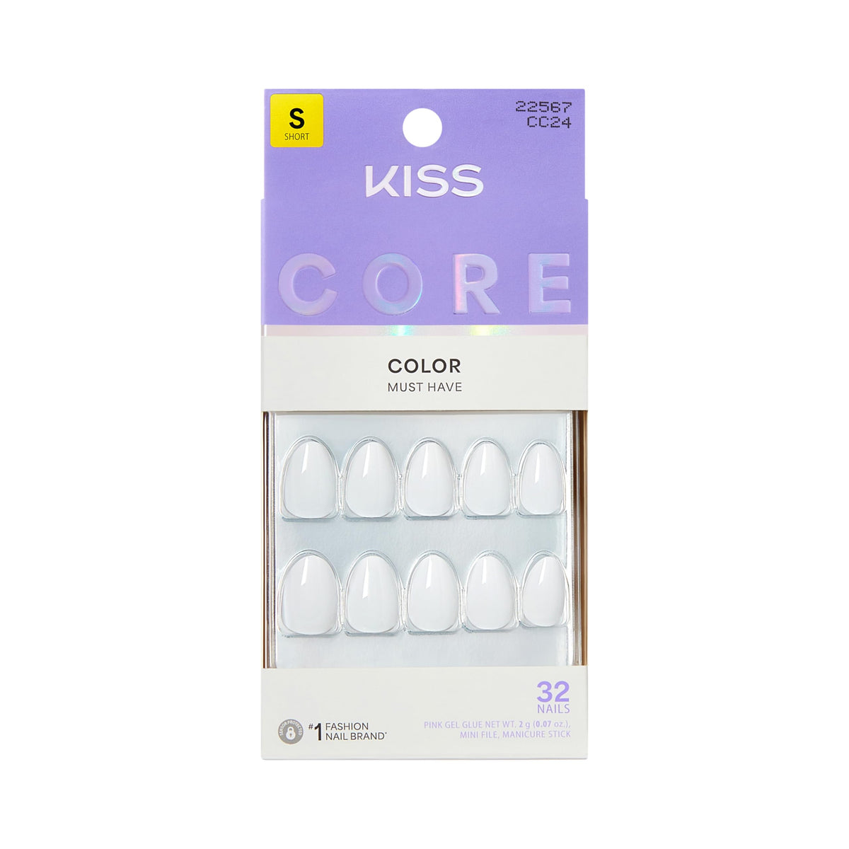 Kiss Core, Press On Nails, Nail glue included, 'Apple Blossom', Red, Medium Size, Almond Shape, Includes 32 Nails, 2g Glue, 1 Manicure Stick, 1 Mini File