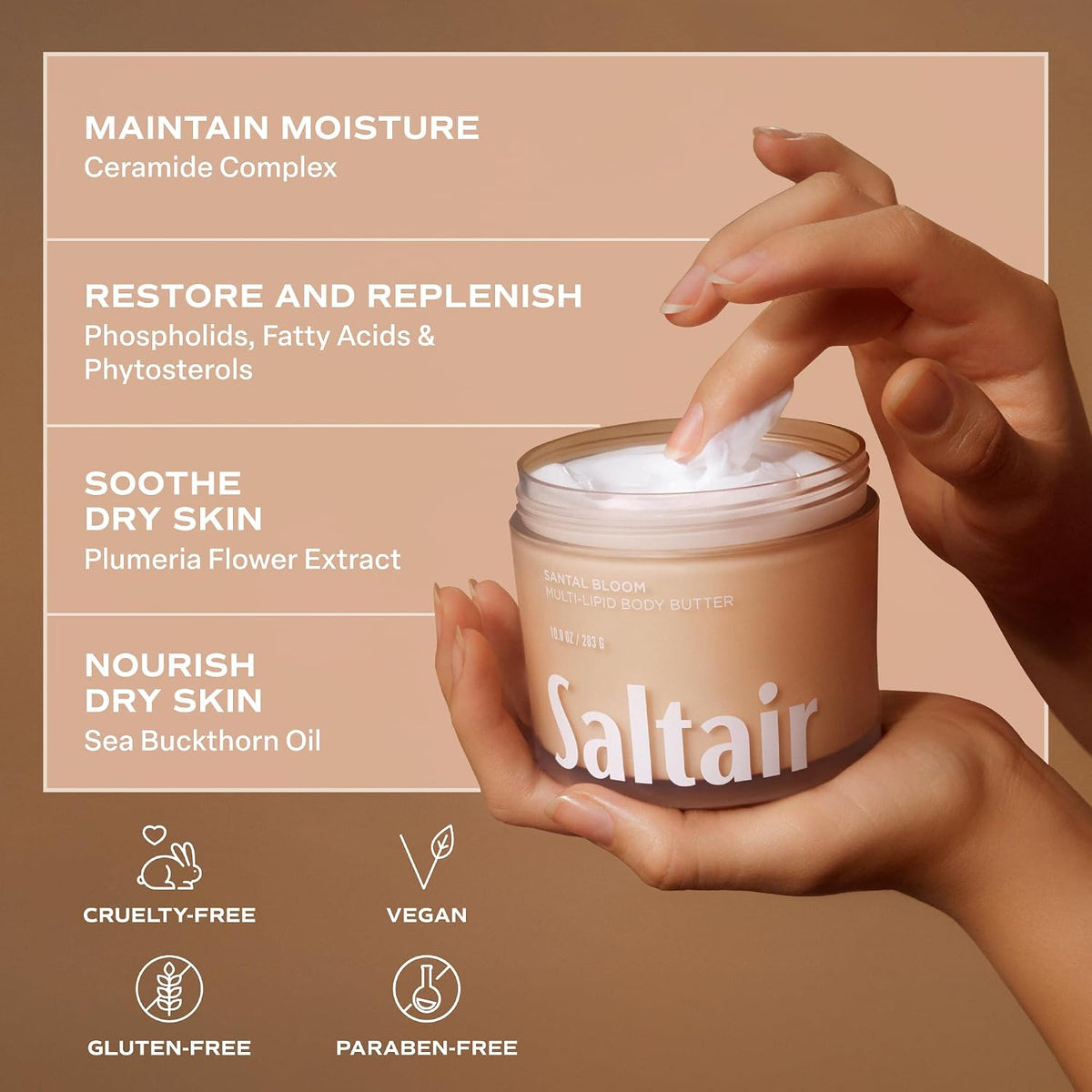 Saltair Multi-Lipid Body Butter - Rich, Nourishing Hydrating Body Cream with Ceramide Complex, Coconut Oil, Shea Butter, and Sea Buckthorn. Moisturizing Dry Skin Care. 10oz Jar - Santal Bloom