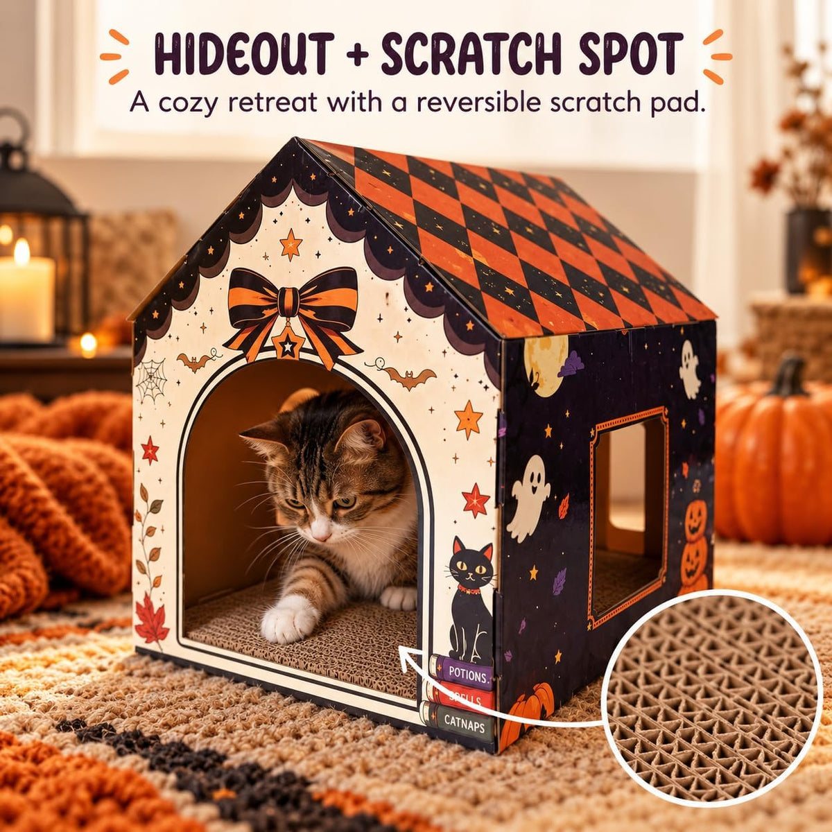 Halloween Cardboard Cat House with Scratcher Pad, 16.5 x 12.5 x 15.5 in