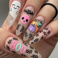 Pink Halloween Press on Nails Long Coffin Fake Nails Cute Ghost Bat Spider Web Design Glossy Acrylic Nails Reusable Stick on Nails Full Cover Artificial Nails Halloween Costume Party Daily Nail Decor